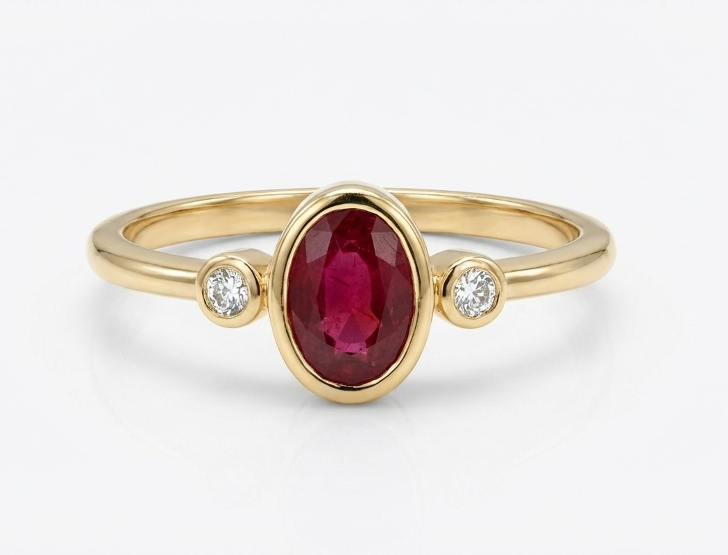 De 14 karaat gouden ring heeft een facet geslepen robijn met aan weerszijde een diamant. De vorm van de edesteen is ovaal met een afmeting van 6 x 4 mm. De edelstenen zijn van natuurlijke oorsprong.