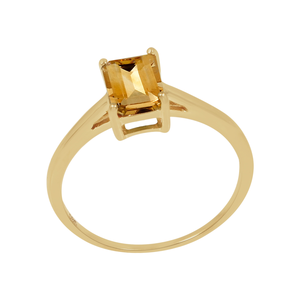 De 14 karaat gouden ring heeft een facet geslepen edelsteen. De vorm van de edelsteen is rechthoekig met een afmeting van 7 x 5 mm.