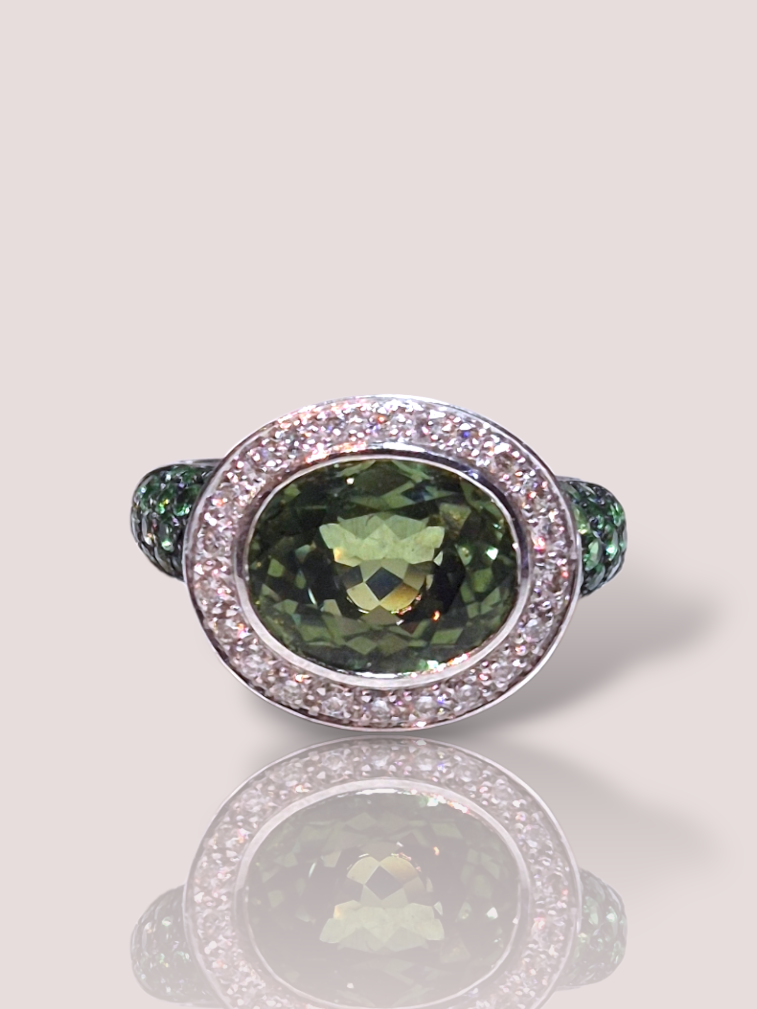 De Schitterende 18k witgouden ring combineert elegante luxe met betoverende kleuren. Ingelegd met levendige peridot en tsavoriet, straalt deze ring verfijning en stijl uit. Draag hem als een opvallend accessoire bij zowel formele als dagelijkse outfits voor een vleugje glamour. Perfect om elke look mee te versterken. Klinkt dit als iets voor jou?

De peridot wordt ook omringd door prachtige briljant geslepen diamanten.