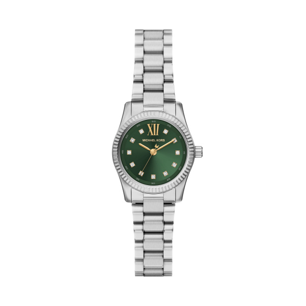 Zilver kleurig dames horloge met een groen wijzerplaat en een fijne schakelband