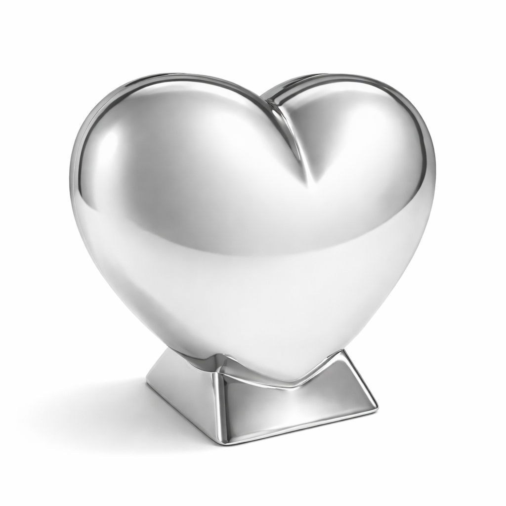 Zilverkleurige spaarpot in de vorm van een hart op voet, verkrijgbaar bij Juwelier Schouten in Middenwaard Heerhugowaard. Een liefdevol kraamcadeau met symbolische waarde.