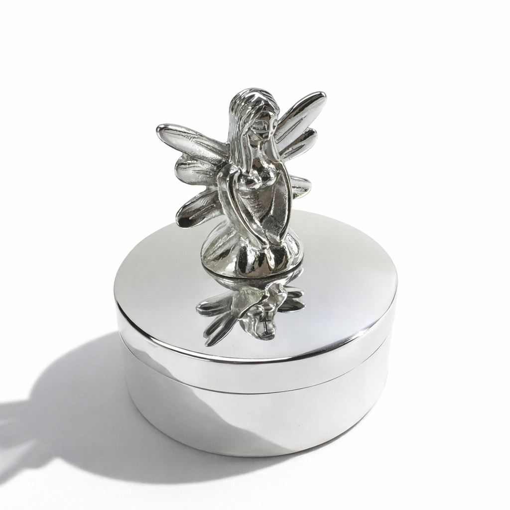 Verzilverd tandenfee doosje met een speels ontwerp. Verkrijgbaar bij Juwelier Schouten &ndash; Middenwaard, Heerhugowaard. Een magisch bewaardoosje voor het eerste melktandje.