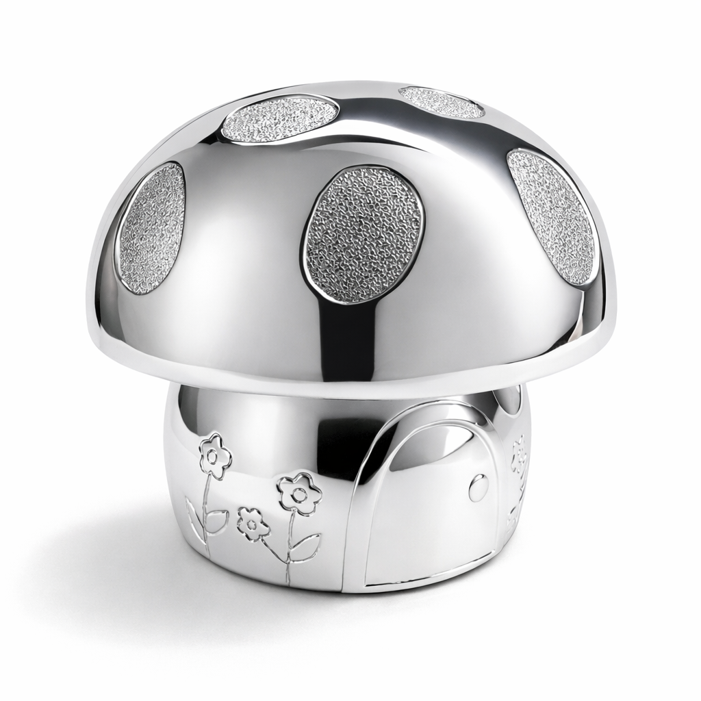 Verzilverde spaarpot in de vorm van een paddenstoel. Verkrijgbaar bij Juwelier Schouten &ndash; Middenwaard, Heerhugowaard. Een magisch kraamcadeau vol sprookjessfeer.