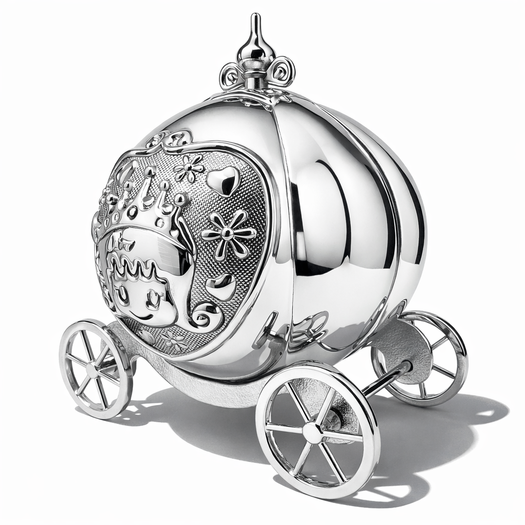 Sprookjesachtige verzilverde spaarpot in de vorm van een koets van Weisz. Verkrijgbaar bij Juwelier Schouten &ndash; Middenwaard, Heerhugowaard. Een betoverend cadeau voor speciale gelegenheden.