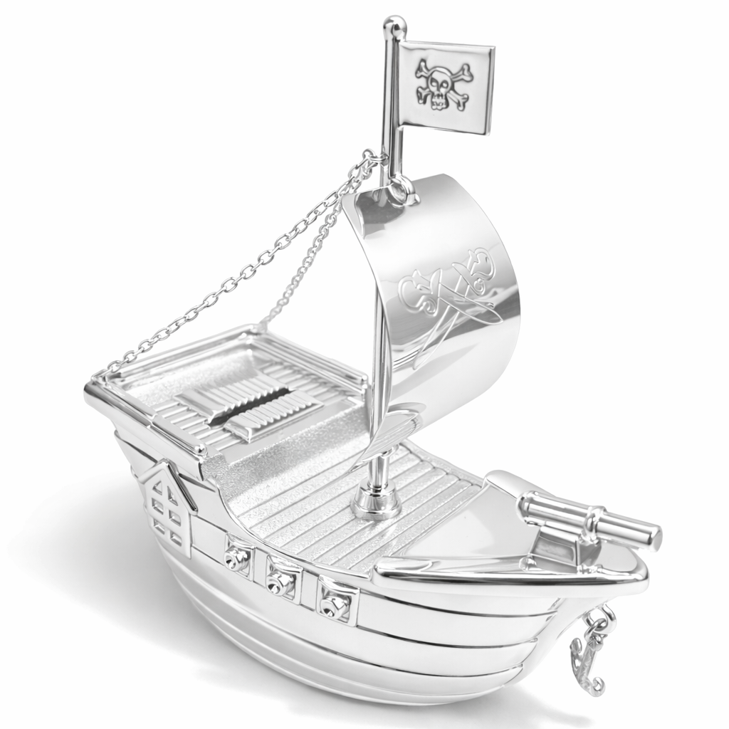 Stoere verzilverde spaarpot in de vorm van een piratenboot van Zilverstad. Verkrijgbaar bij Juwelier Schouten &ndash; Middenwaard, Heerhugowaard. Voor kleine avonturiers met een schatkist vol dromen.