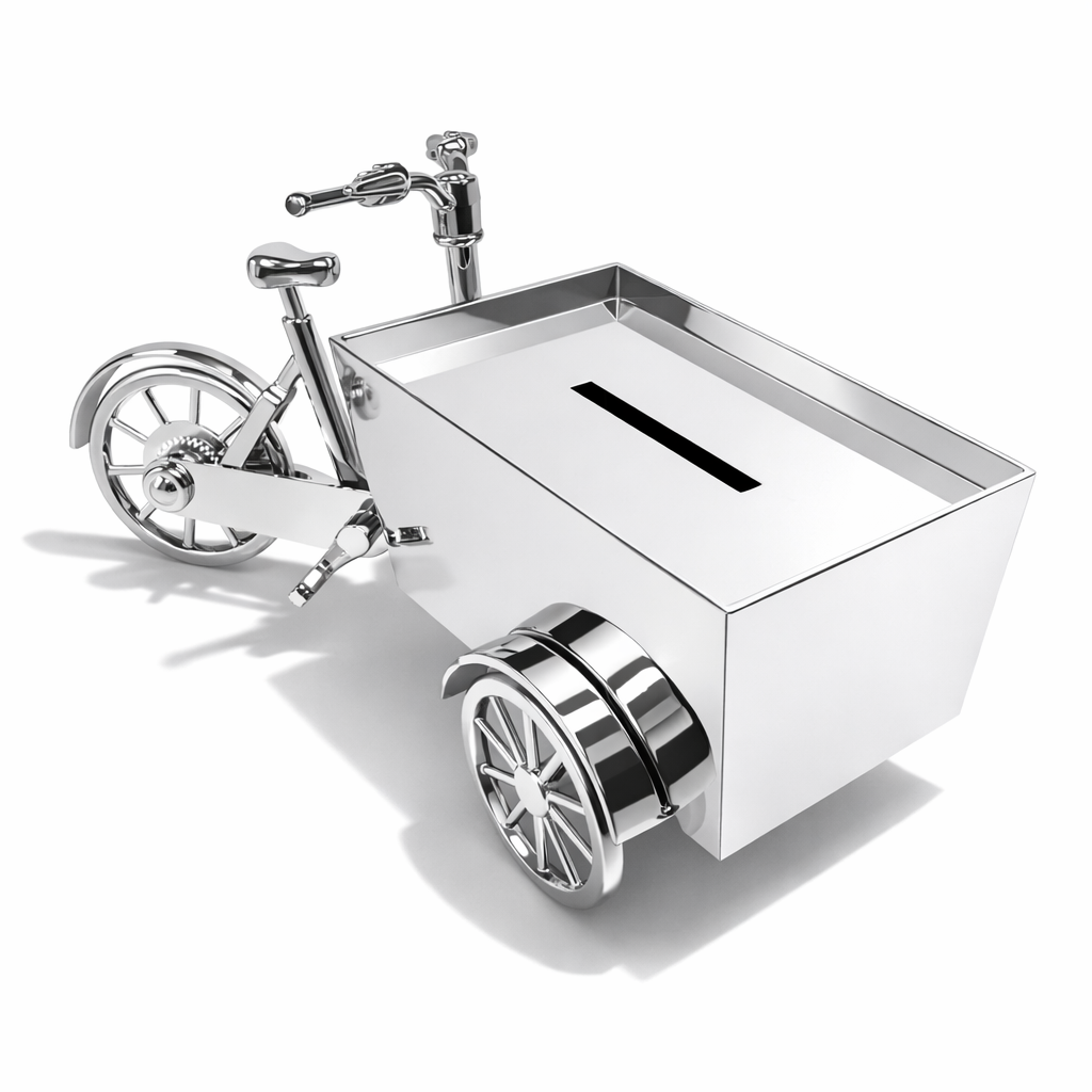 Stoere verzilverde spaarpot in de vorm van een bakfiets (170 &times; 70 &times; 85 mm) van Zilverstad. Verkrijgbaar bij Juwelier Schouten &ndash; Middenwaard, Heerhugowaard. Een origineel en blijvend cadeau voor jong en oud.