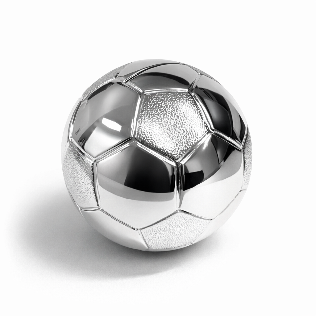 Verzilverde spaarpot in de vorm van een voetbal (85 &times; 85 &times; 78 mm) van Zilverstad. Verkrijgbaar bij Juwelier Schouten &ndash; Middenwaard, Heerhugowaard. Het perfecte sportieve cadeau voor jonge spaarders of voetbalfans.