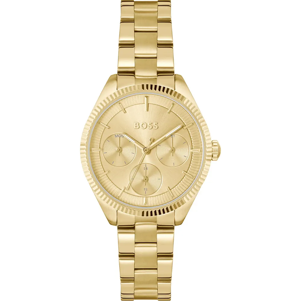 Stijlvol Hugo Boss dameshorloge (34 mm) uit de Sage Sport-serie met goldplated afwerking. Elegant &eacute;n sportief. Verkrijgbaar bij Juwelier Schouten &ndash; Middenwaard, Heerhugowaard.