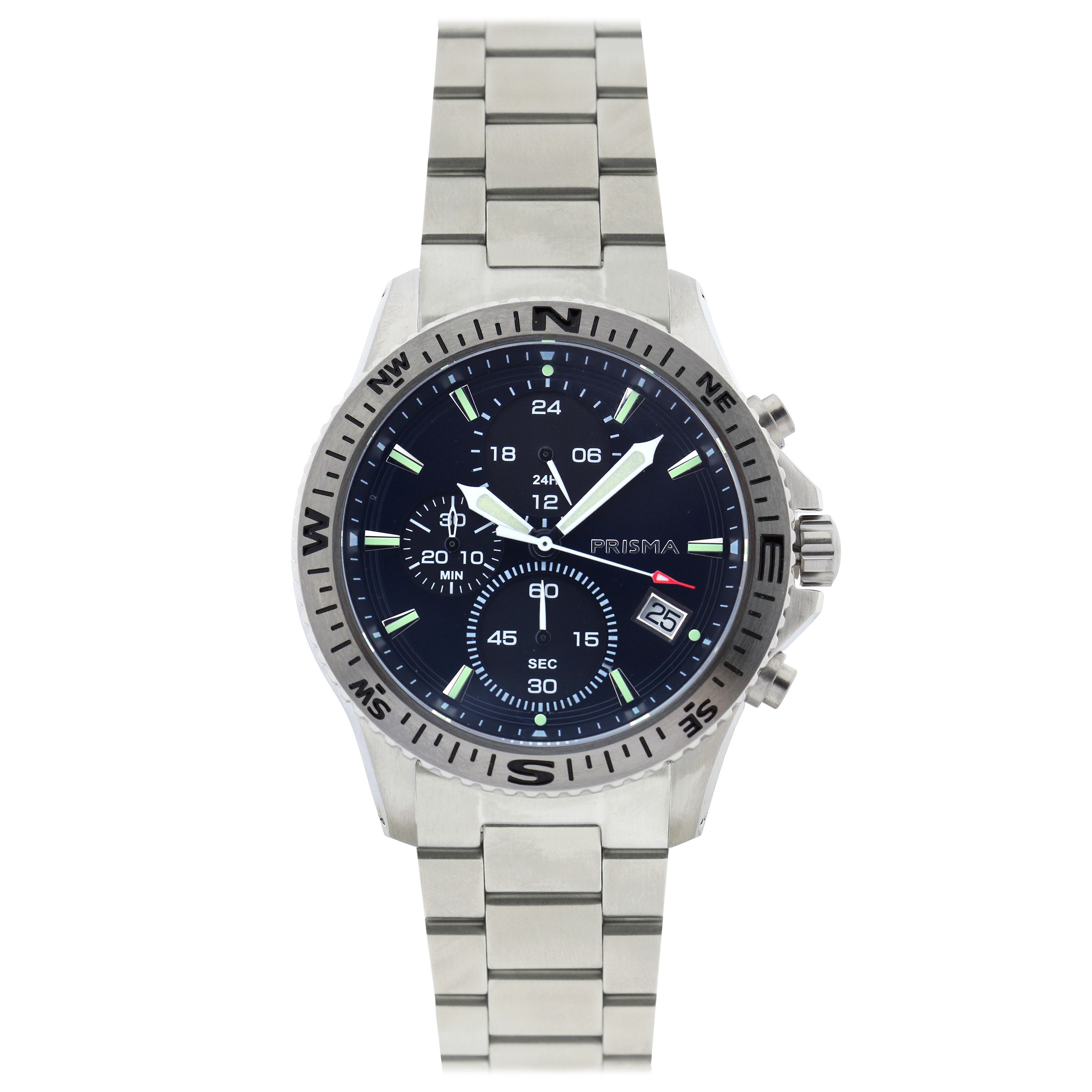 Prisma horloge P2030 heren chronograaf edelstaal saffierglas 10 ATM

Algemeen
Geslacht: heren
Model: P.2030

Voordelen
- band edelstaal zilver
- chronograaf/stopwatch
- wijzerplaat blauw met zilvere streepjes
- boven gem. waterdicht: zwemmen/duiken
- glas is zeer krasvast
- ook voor brede pols (max. 247 mm)
- 24 uurs aanduiding
- quartz
- maat kast 44,5mm (breedte) 11mm (dikte)

