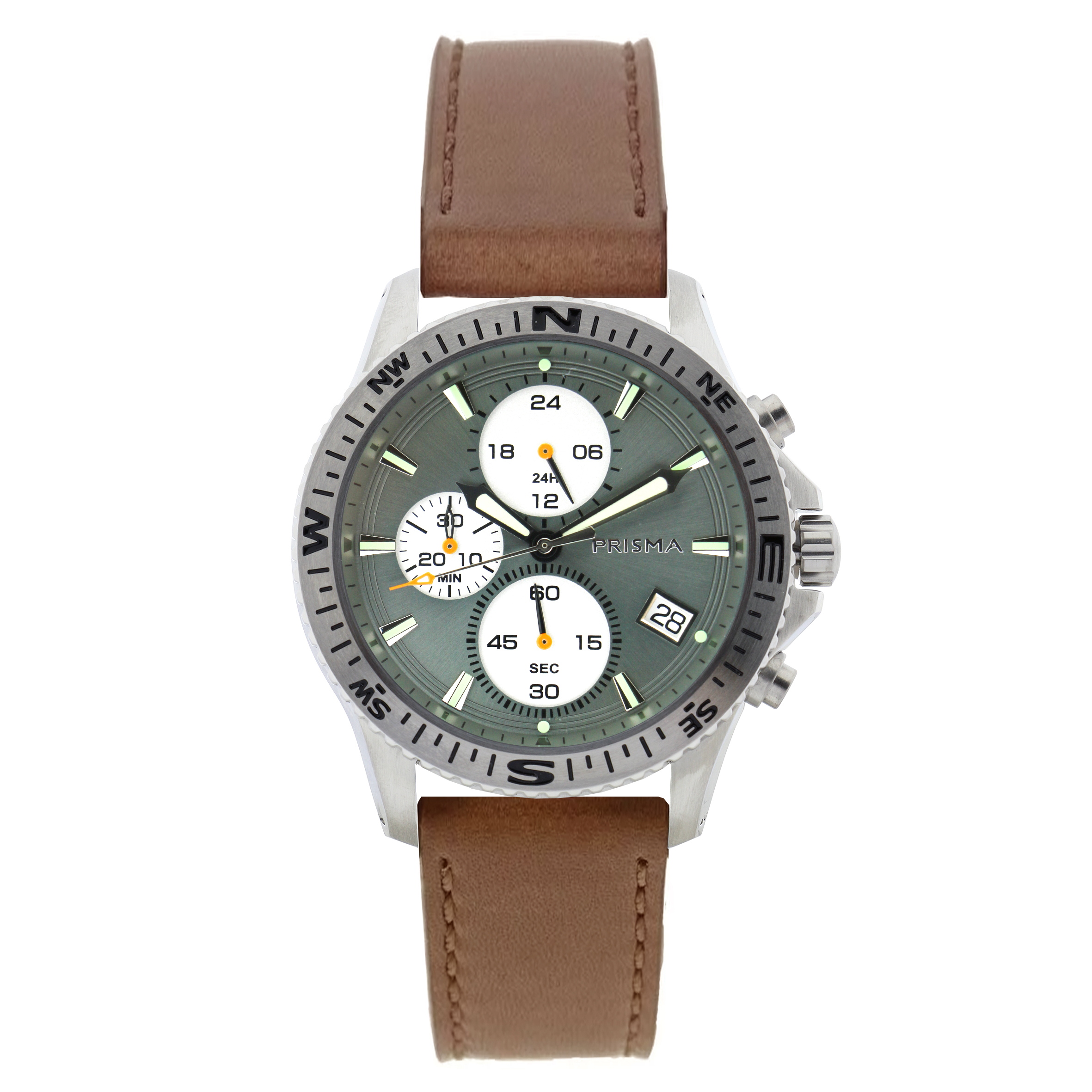 Prisma horloge P2036 heren chronograaf edelstaal saffierglas 10 ATM

Algemeen
Geslacht: heren
Model: P.2036

Voordelen
- band echt leder
- chronograaf/stopwatch
- wijzerplaat zilver met zilverkleurige streepjes
- boven gem. waterdicht: zwemmen/duiken
- glas is zeer krasvast
- ook voor brede pols (max. 247 mm)
- 24 uurs aanduiding
- quartz
- maat kast 44,5mm (breedte) 11mm (dikte)

