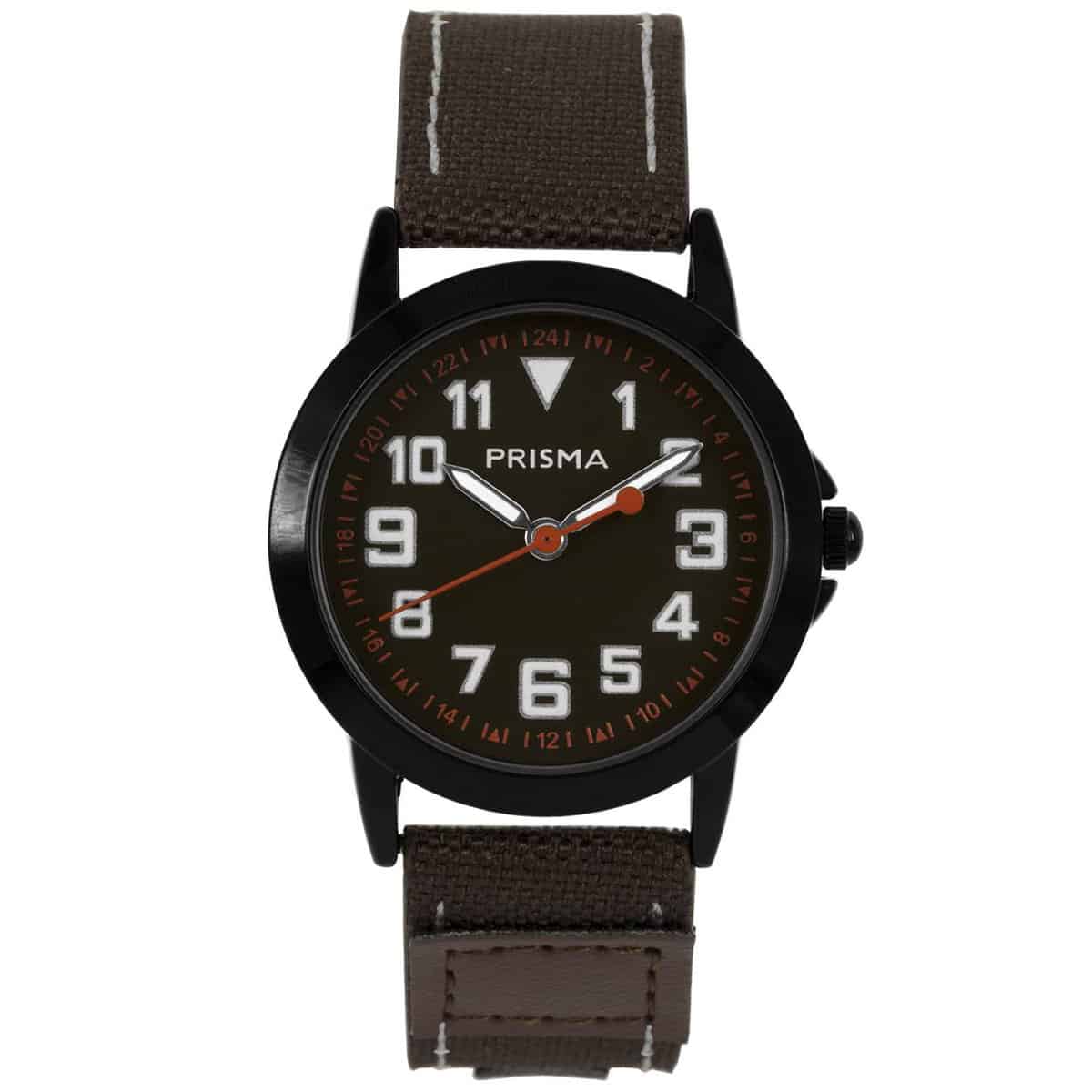 Prisma 247 jongens horloge 		
		
Algemeen		
Geslacht: jongens		
Model: CW247		
		
Voordelen		
- band canvas bruin (wit kleurig stiksel)		
- wijzerplaat zwart met witte cijfers (arabisch)		
- duidelijke tijdsweergave		
- spat waterdicht: handenwassen, regen		
- quartz		
- maat kast 30mm (breedte) 9,1mm (dikte)		
		
		
