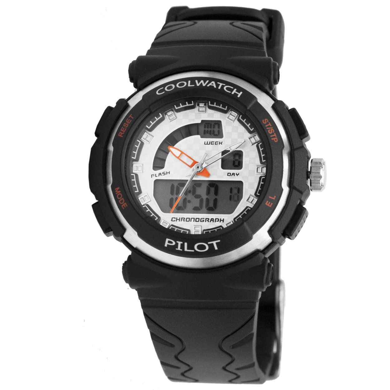 Coolwatch 270 jongens digitaal horloge kunststof 5 ATM 		
		
Algemeen		
Geslacht: jongens		
Model: CW270		
		
Voordelen		
- band plastic/silicone zwart		
- analoge en digitale tijdsweergave		
- wijzerplaat zilver met zilvere puntjes		
- draagcomfort door licht gewicht		
- ook voor brede pols (max. 224,55 mm)		
- digitale tijdsweergave		
- spat waterdicht: handenwassen, regen		
- maat kast 36mm (breedte) 15mm (dikte)		
			
