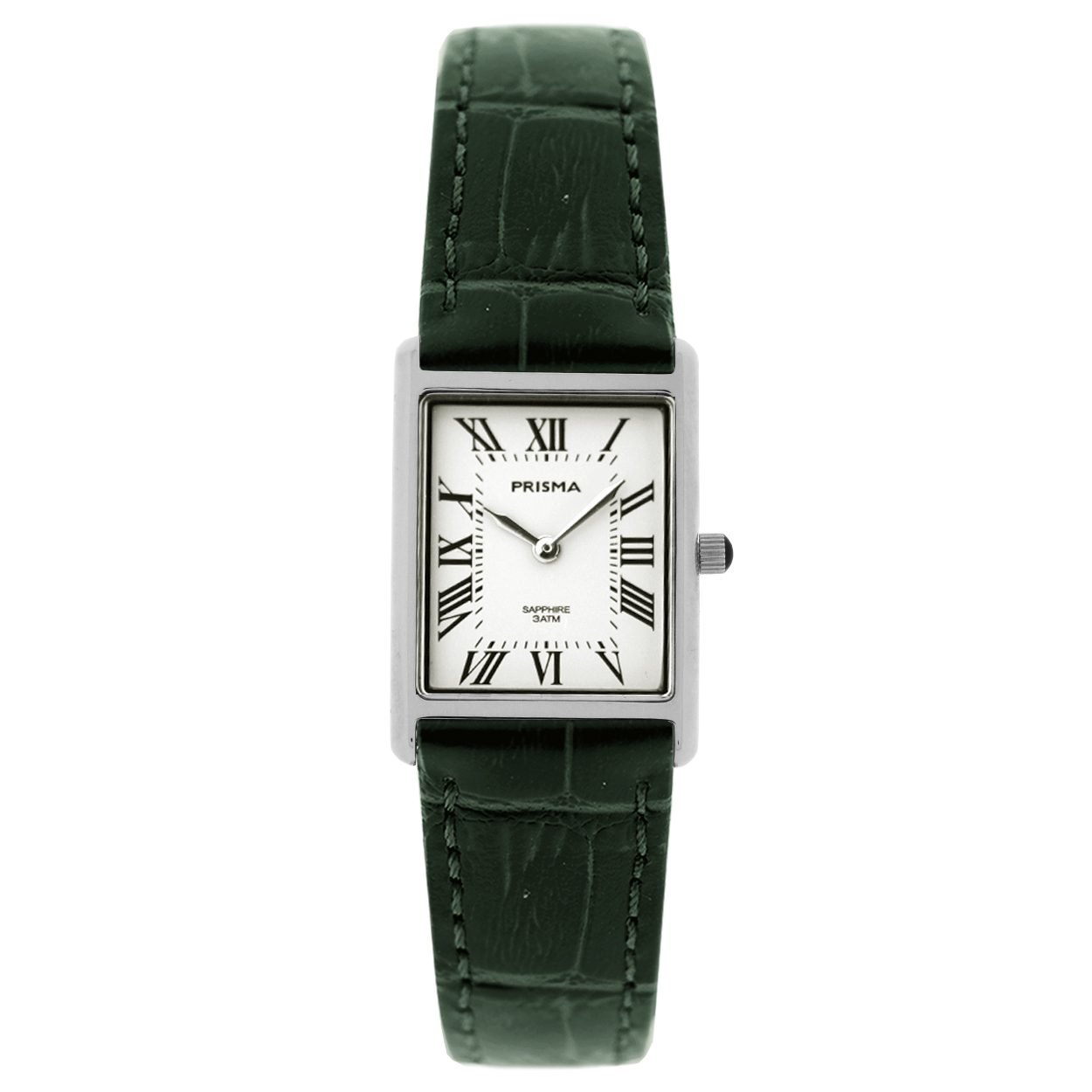 Prisma horloge P2354 Baroness Silver dames groen edelstaal saffierglas 3 ATM

Algemeen
Geslacht: dames
Model: P.2354

Voordelen
- echt lederen groene band met zilverkleurige gesp
- rechthoek model
- wijzerplaat wit met zwarte Romeinse cijfers
- Waterdicht all-weather
- glas is zeer krasvast
- ook voor brede pols (max. 210 mm)
- quartz uurwerk
- maat kast 22  x 31,5mm (breedte) 5mm (dikte)

