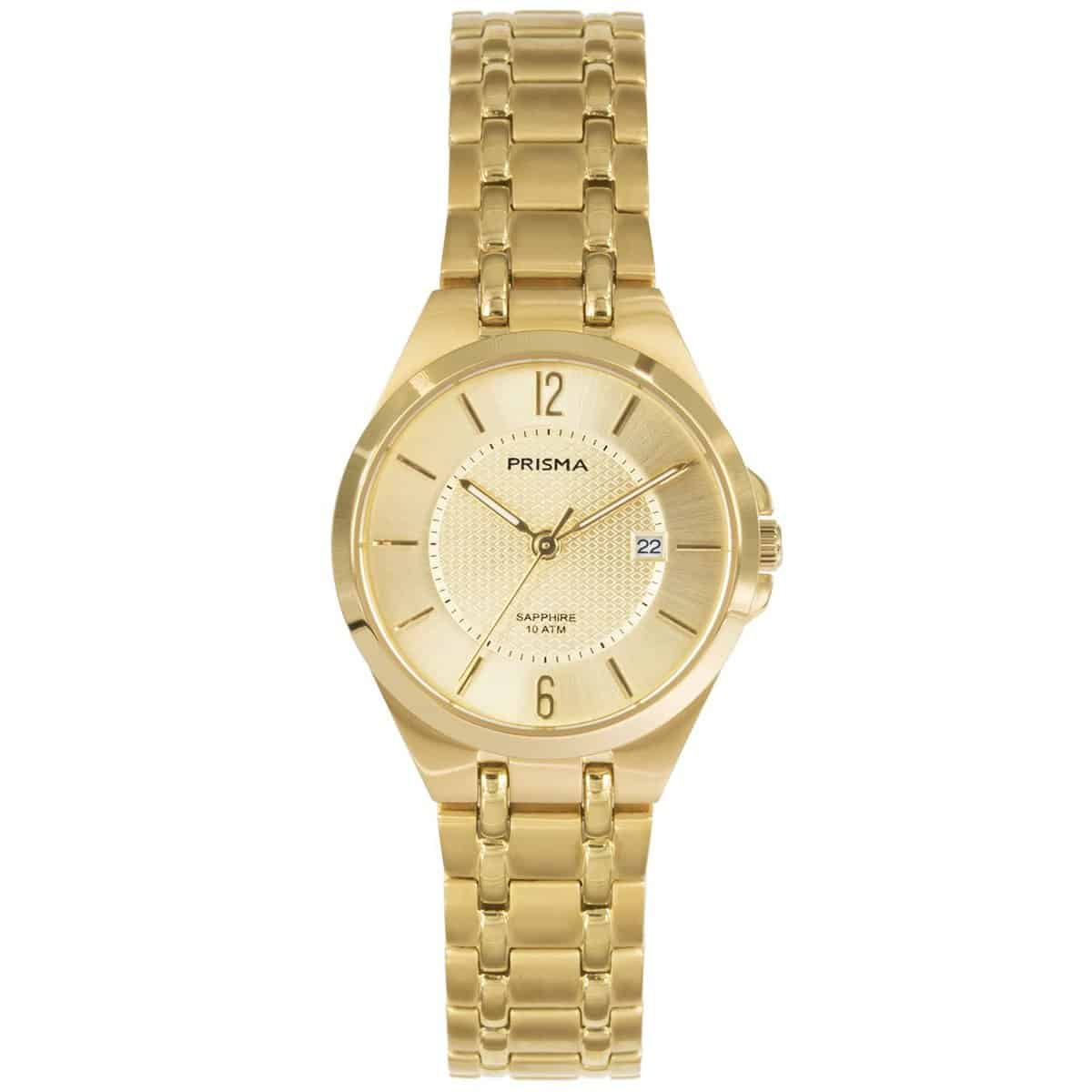 Prisma horloge P1262 dames titanium saffierglas 10 ATM 

Algemeen
Geslacht: dames
Model: P.1262

Voordelen
- band titanium goudkleurig
- wijzerplaat goudkleurig met goudkleurig streepjes
- geschikt voor mensen met een allergie
- draagcomfort door licht gewicht
- boven gem. waterdicht: zwemmen/duiken
- glas is zeer krasvast
- ook voor brede pols (max. 219,41 mm)
- quartz
- maat kast 28,99mm (breedte) 7,6mm (dikte)

