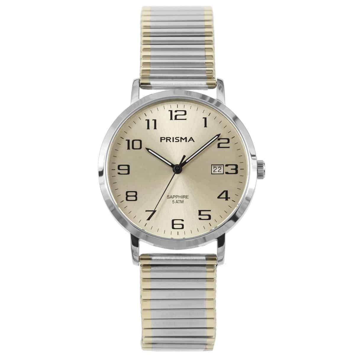 Prisma heren P1753 horloge van edelstaal met saffierglas 
- Kast breedte; 37mm
- Kast dikte; 7mm
- Kast materiaal; Edelstaal 
- Glas; Saffier
- Uurwerk; Miyota GM10
- Datum; Ja
- Waterdichtheid; 5 ATM
- Horlogeband; Edelstalen bicolor rekband
- Maat aansluiting band; 18mm
- Wijzerplaat; Champagne met zwarte cijfers
- Licht functies; Glow in the dark wijzers
EAN: 8716667164093

Code: cathu