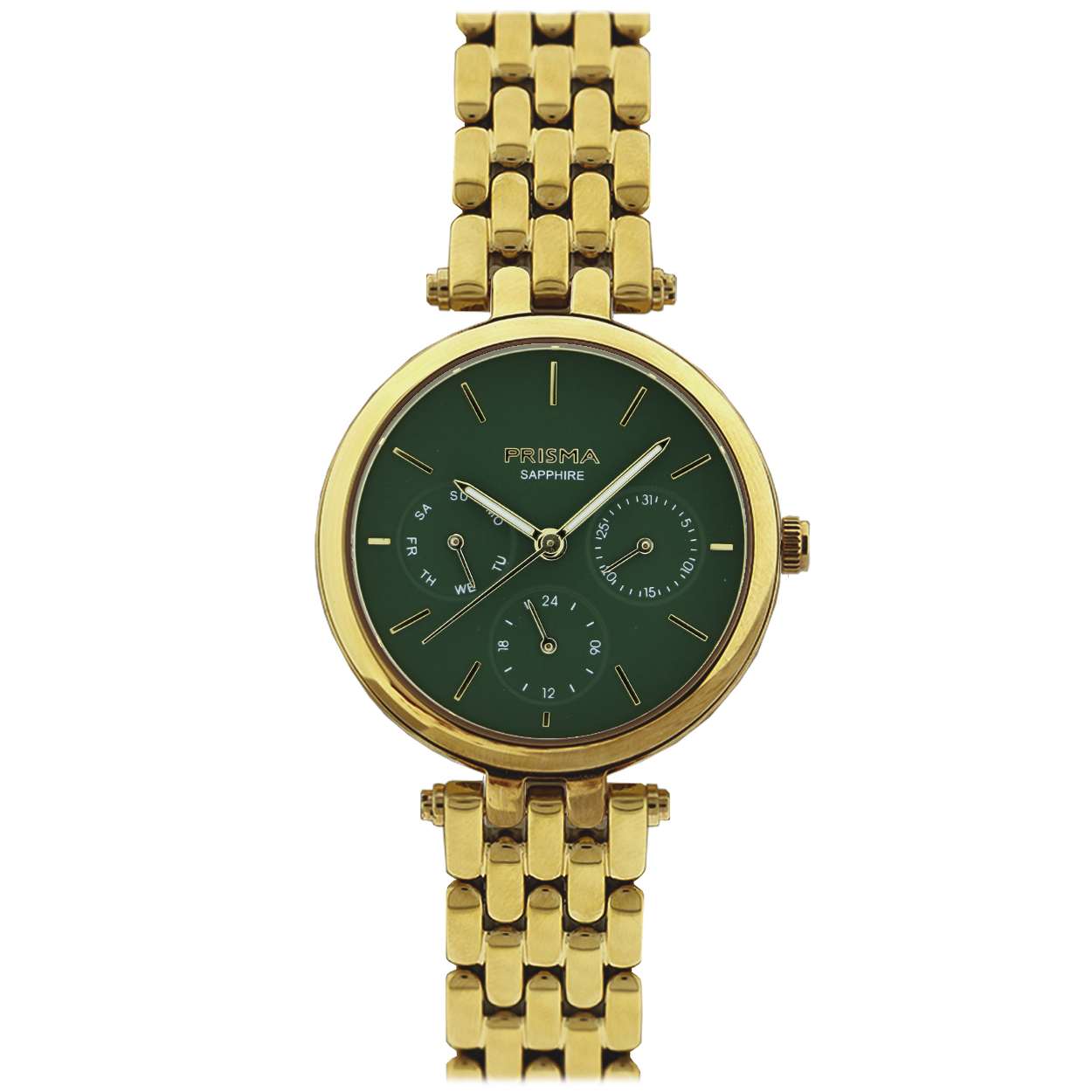 Prisma horloge P3004 TOISE dames multifunctie edelstaal saffierglas 5 ATM 

Algemeen
Geslacht: dames
Model: P.3003

Voordelen
- band edelstaal goudkleurig
- multi-functie
- wijzerplaat groen met goudkleurige streepjes
- glas is zeer krasvast
- compacte sluiting met extra draagcomfort
- 24 uurs aanduiding
- dagwijzer
- quartz
- maat kast 32 mm (breedte) 8 mm (dikte)


