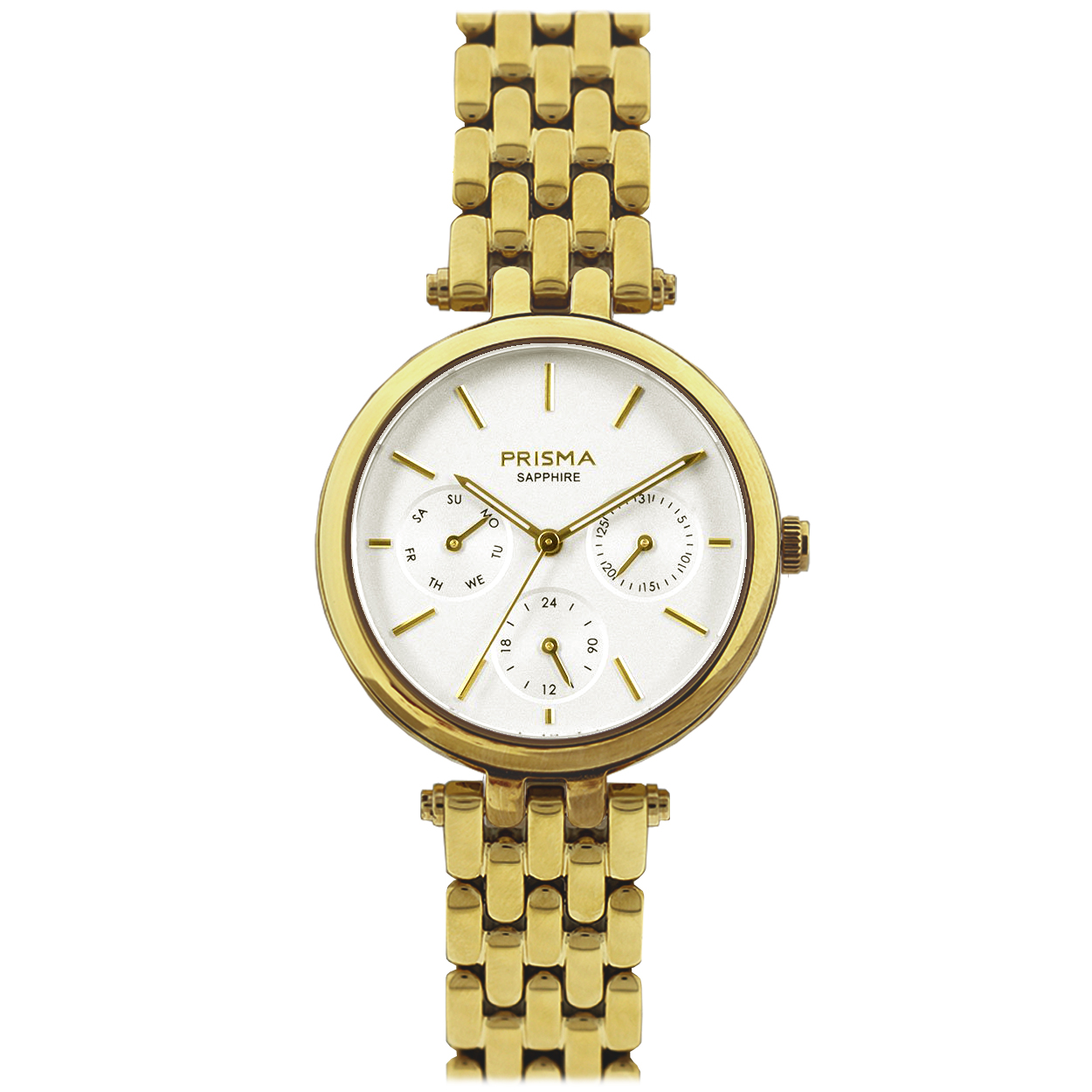 Prisma horloge P3003 TOISE dames multifunctie edelstaal saffierglas 5 ATM 

Algemeen
Geslacht: dames
Model: P.3003

Voordelen
- band edelstaal goudkleurig
- multi-functie
- wijzerplaat off-white met goudkleurige streepjes
- glas is zeer krasvast
- compacte sluiting met extra draagcomfort
- 24 uurs aanduiding
- dagwijzer
- quartz
- maat kast 32 mm (breedte) 8 mm (dikte)

