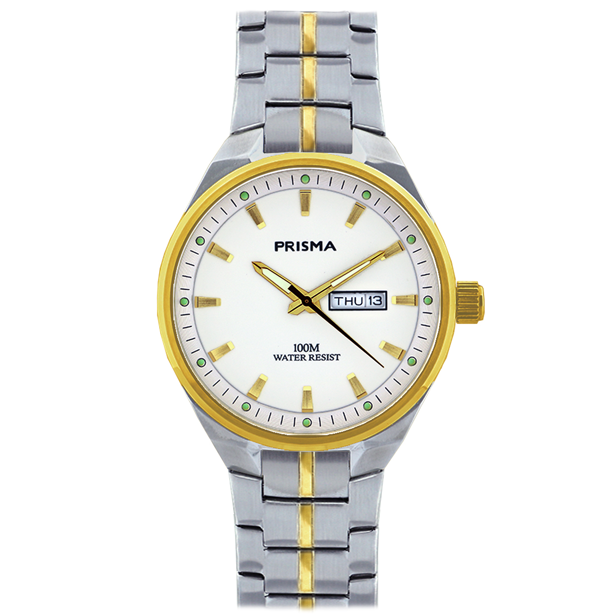 Prisma horloge P2433  Century heren edelstaal saffierglas 10ATM dag/datum

Algemeen
Geslacht: heren
Model: P.2433

Voordelen
- band edelstaal zilver/goud (bicolor)
- wijzerplaat off-white met goudkleurige streepjes
- glas is zeer krasvast- dag en datumweergave
- quartz
- maat kast 41 mm (breedte) 10.3 mm (dikte)

