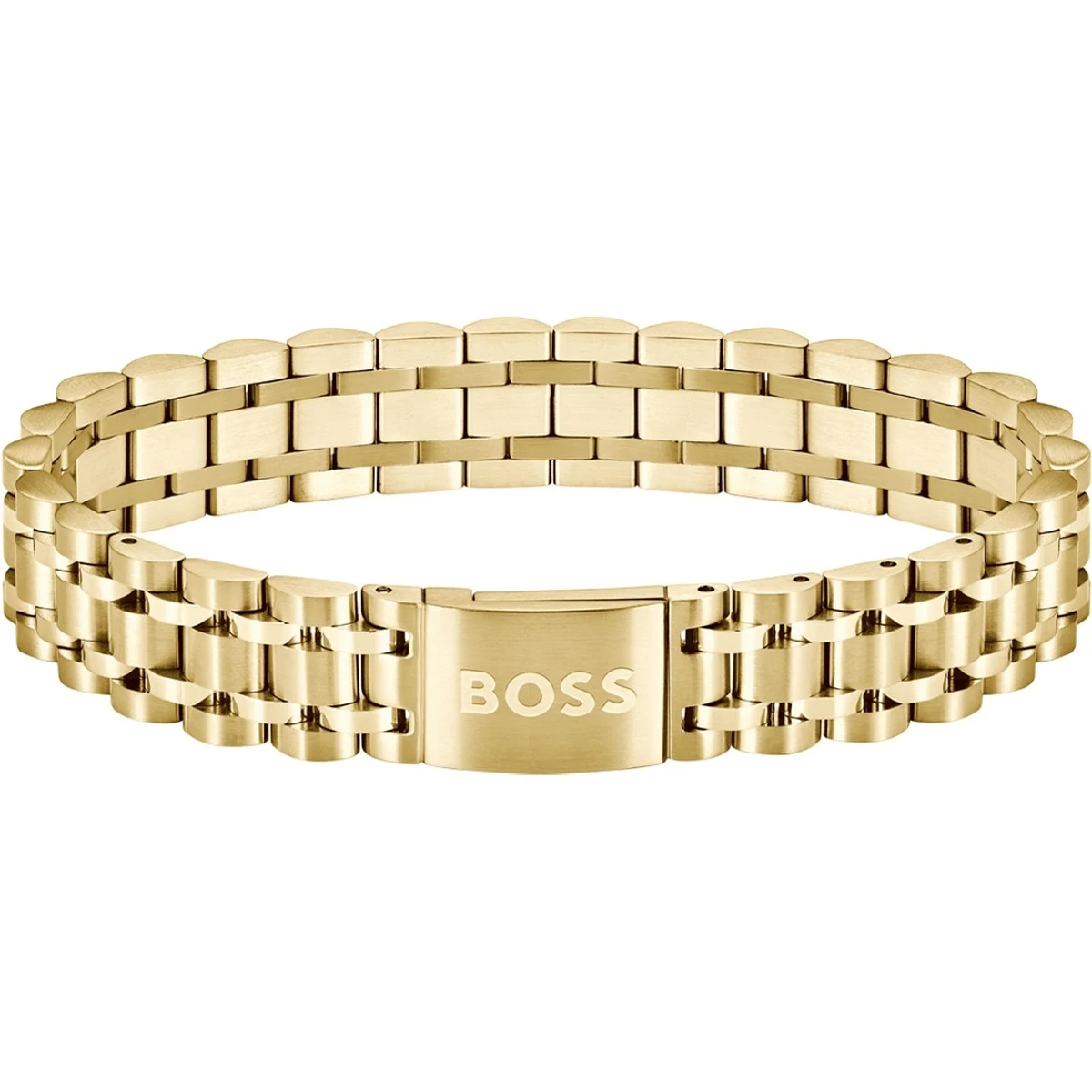 Vergulde herenarmband van Hugo Boss, gemaakt van hoogwaardig roestvrij staal. Lengte: 19 cm. Slank design met luxe afwerking. Verkrijgbaar bij Juwelier Schouten &ndash; Middenwaard, Heerhugowaard.