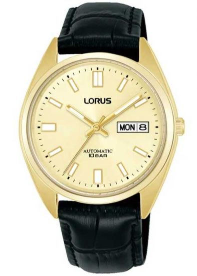 Lorus mens automatic, black leather strap, double case, gold dial