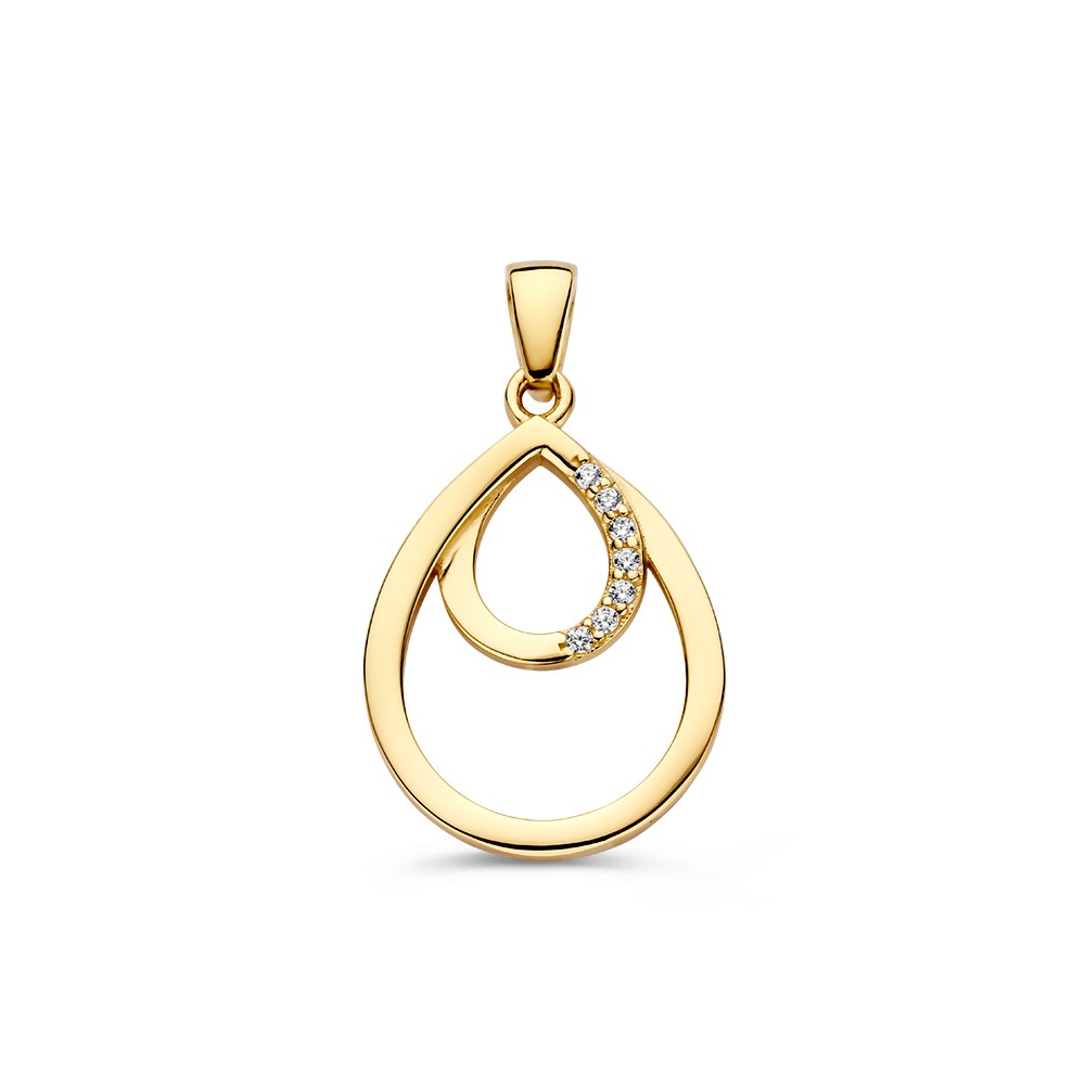 Geelgouden hanger in druppelvorm met zirkonia.
