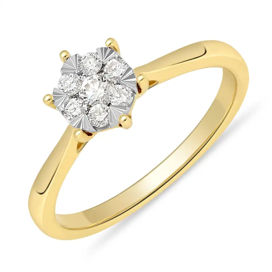Cluster ring van 14 Krt Goud met Diamant  
12-0.15/1-0.10 Crt 
H/SI kwaliteit 
inclusief luxe juwelenbox