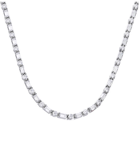Gerhodineerd zilveren Tennis Collier met Baguette en Briljant geslepen Zirkonia.