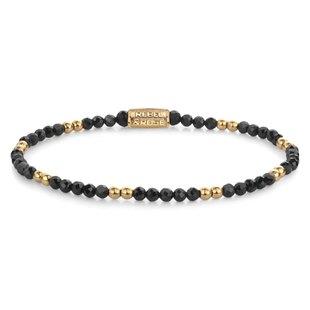 Armband van het merk Rebel & Rose. De armband heeft een hoogwaardige elastische stretch koord, met 3mm van Black Spinel, RVS 18kt ion-gold plated.