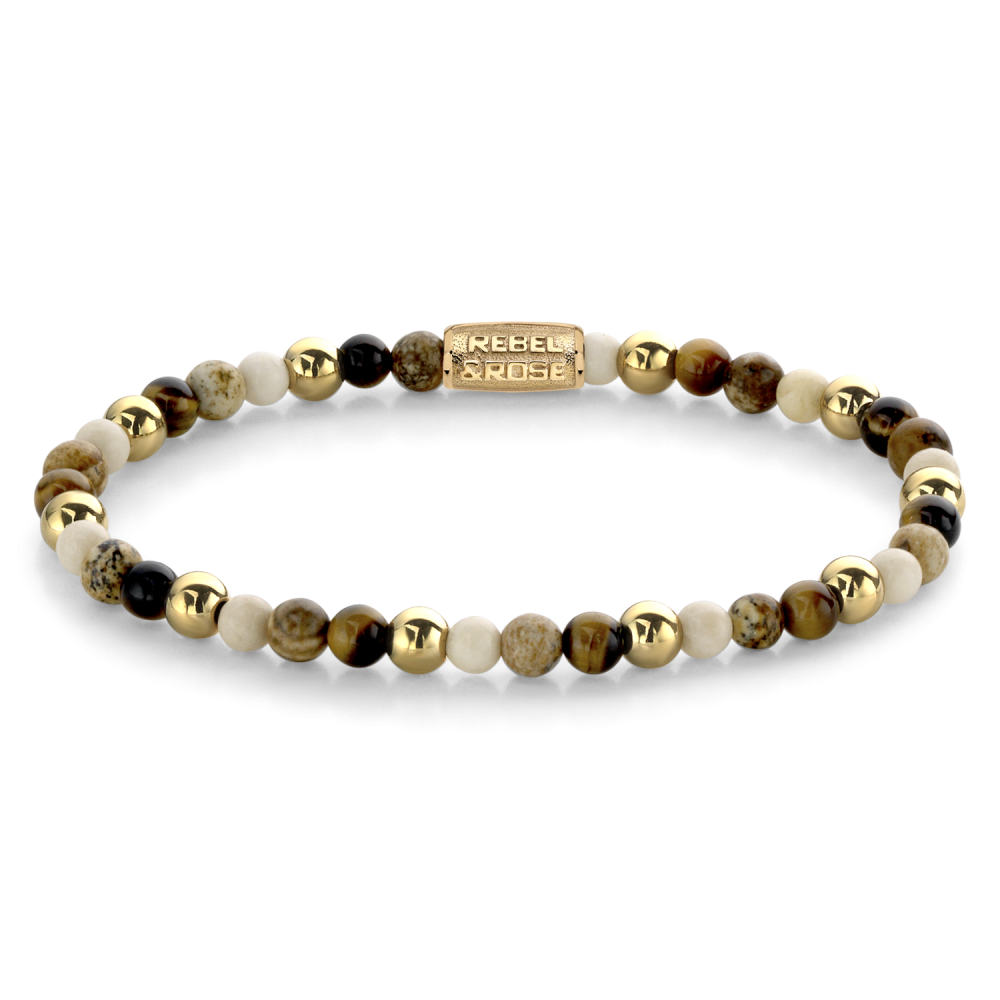 Edelstenen bead armband, handgemaakt van 4mm stenen met een 18 karaat goud vergulde sluiting. Het Rebel & Rose sieraad is makkelijk te combineren met andere zilveren, leren of kralenarmbanden.