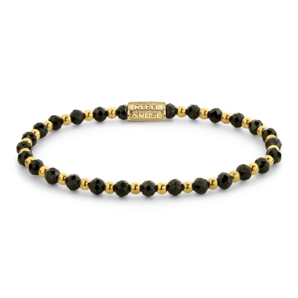 Bead armband met tien 4mm Black Spinel stenen, en 4mm 18 karaat goud ion-plated edelstalen stenen. De sluiting is gemaakt van 18 karaat goud ion-plated edelstaal. Het Rebel & Rose sieraad is handgemaakt en makkelijk te combineren met onze andere kralenarmbanden.