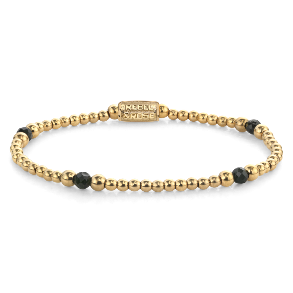 Armband van het merk Rebel & Rose. De armband heeft een hoogwaardige elastische stretch koord, met 4mm van Natural Green Sandstone, RVS 18kt ion-gold plated.