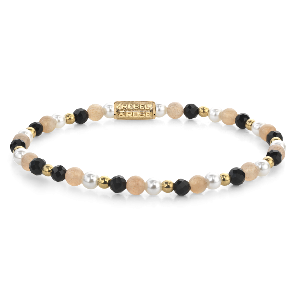 Armband van het merk Rebel & Rose. De armband heeft een hoogwaardige elastische stretch koord, met 4mm van Black Spinel, Shell Pearl, Zonnesteen, RVS 18kt ion-gold plated.