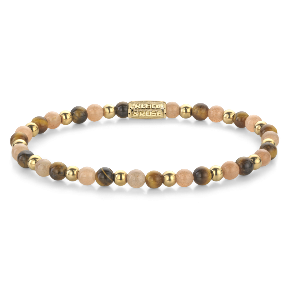 Bead armband, handgemaakt van 6mm stenen (Tijgeroog, Zonnesteen, goudkleurige stenen) met een 18 karaat goud ion-plated edelstalen sluiting. Het Rebel & Rose sieraad is makkelijk te combineren met onze andere kralenarmbanden.