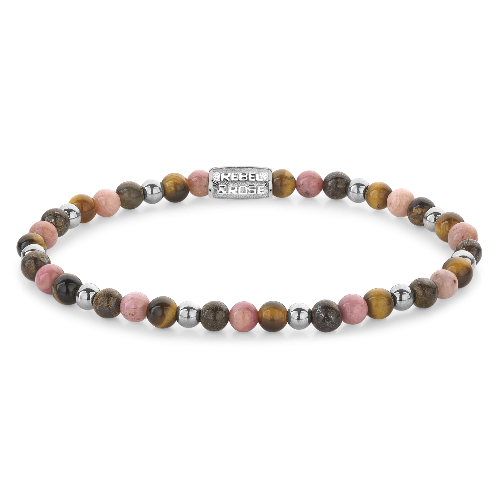 Armband van het merk Rebel & Rose. De armband heeft een hoogwaardige elastische stretch koord, met 4mm kralen van Tijgeroog, Rhodochrosiet, Bronziet.