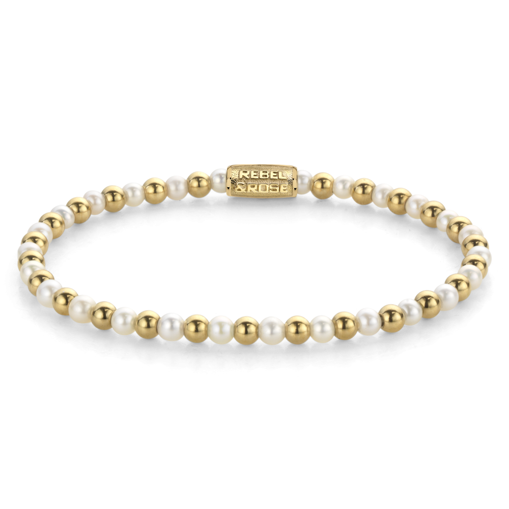 Armband van het merk Rebel & Rose. De armband heeft een hoogwaardige elastische stretch koord, met 4mm kralen van Parels, RVS gold plated.