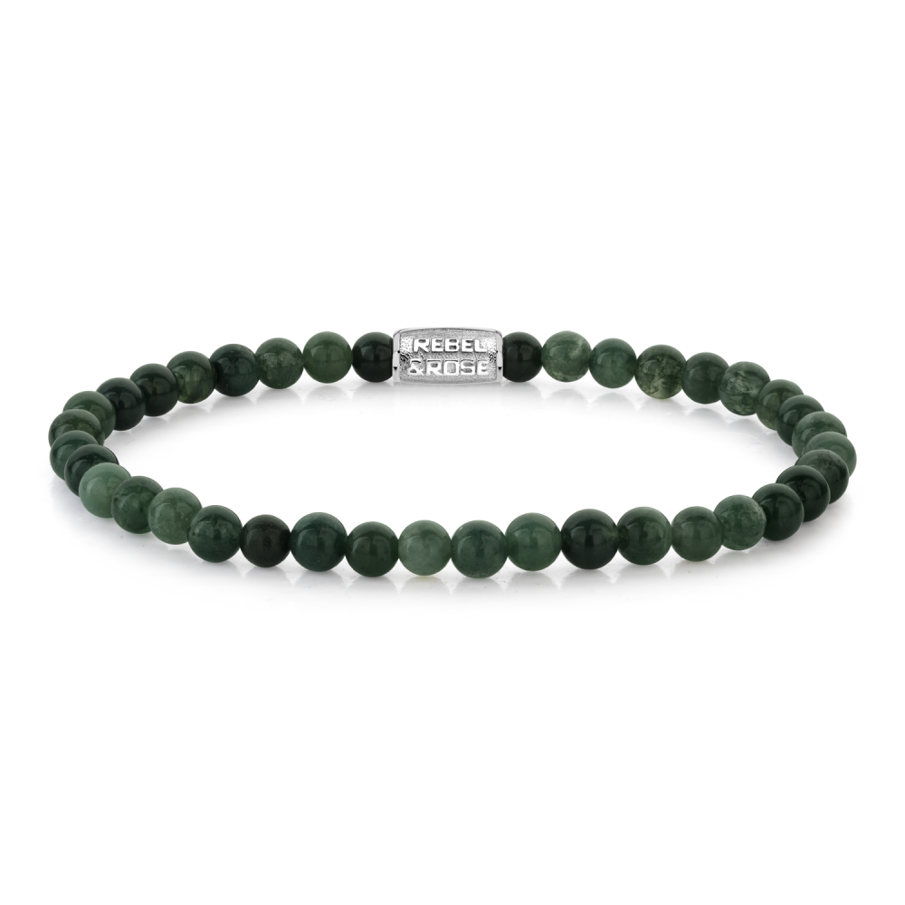 Natuurstenen armband van het merk Rebel & Rose. De armband heeft een hoogwaardige elastische stretch koord, 4mm mosgroene Agaat natuurstenen en RVS slotje