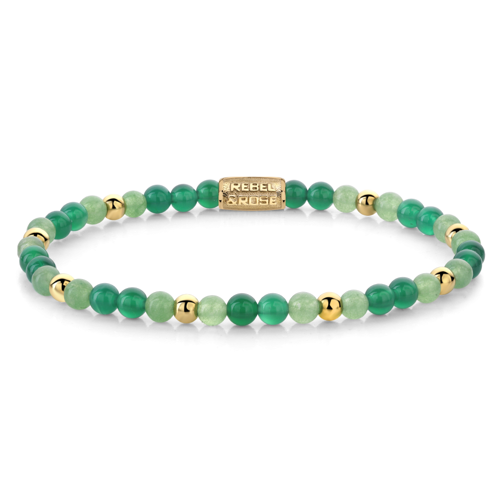 Armband van het merk Rebel & Rose. De armband heeft een hoogwaardige elastische stretch koord, met 4mm van Groene Aventurisme, Agaat, 18 ct gold plated.