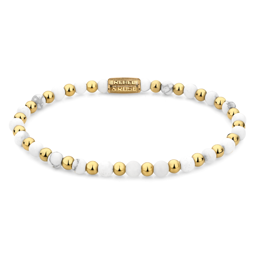 Edelstenen bead armband, handgemaakt van 4mm Howliet en goud vergulde stenen met een 18 karaat goud vergulde sluiting. Het Rebel & Rose sieraad is makkelijk te combineren met onze andere kralenarmbanden.
