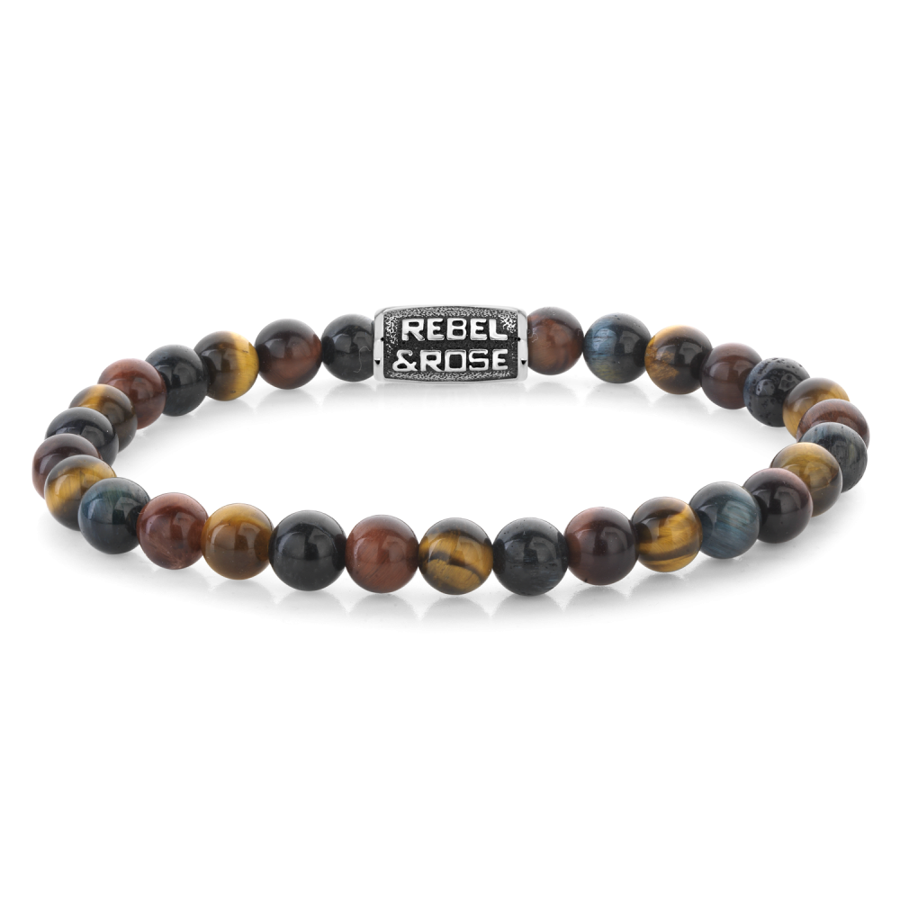 Natuurstenen armband van het merk Rebel & Rose. De armband heeft een hoogwaardige elastische stretch koord, rood-geel-blauwe 6mm Tijgeroog natuurstenen beads en RVS slotje
