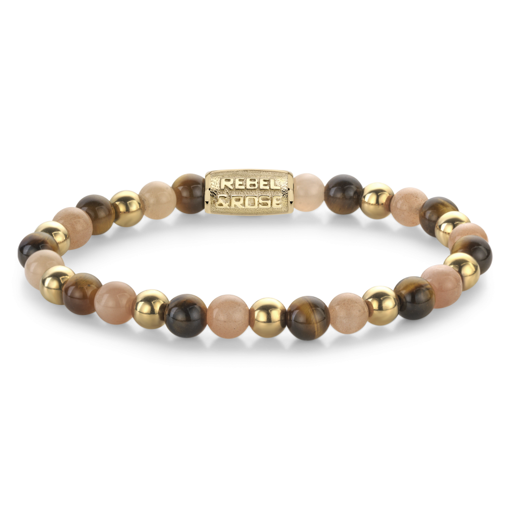 Bead armband, handgemaakt van 6mm stenen (Tijgeroog, Zonnesteen, goudkleurige stenen) met een 18 karaat goud ion-plated edelstalen sluiting. Het Rebel & Rose sieraad is makkelijk te combineren met onze andere kralenarmbanden.