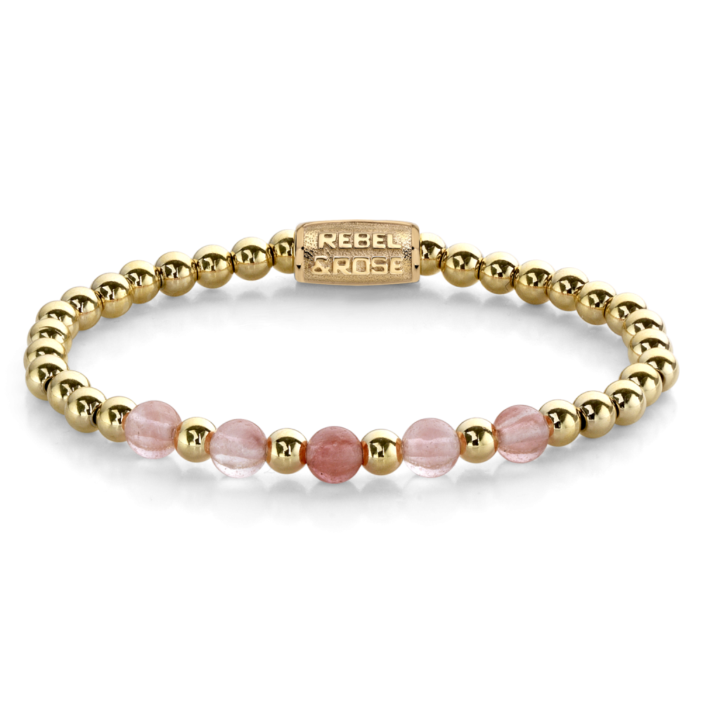 Bead armband, handgemaakt van 6mm stenen met een 18 karaat goud ion-plated edelstalen sluiting. Het Rebel & Rose sieraad is makkelijk te combineren met andere zilveren, leren of kralenarmbanden.
