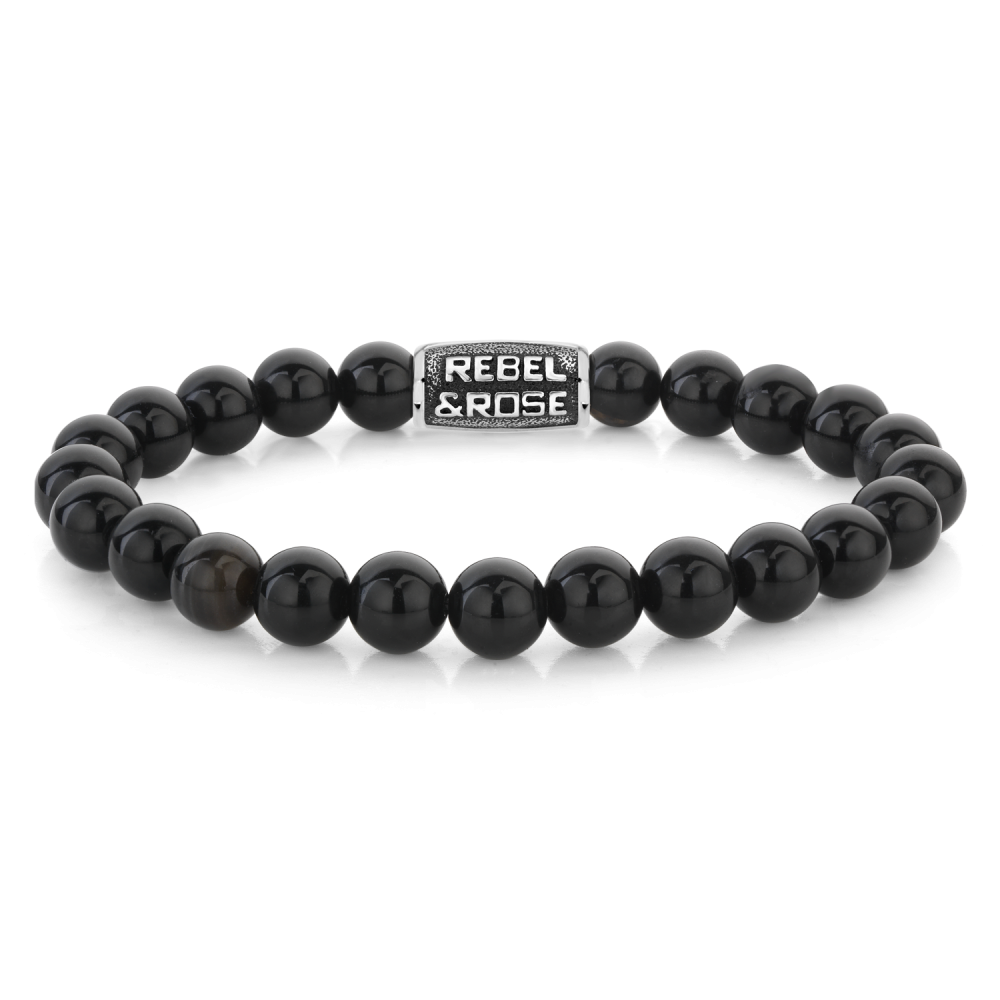 Bead armband, handgemaakt van 8mm Onyx stenen met een edelstalen sluiting. De Vintage look van de sluiting is met de hand aangebracht. Het Rebel & Rose sieraad is makkelijk te combineren met andere zilveren, leren of kralenarmbanden.