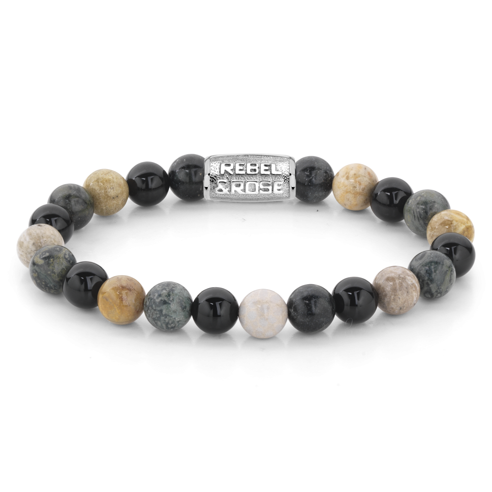 Edelstenen bead armband, handgemaakt van 8mm Ryoliet, Chrysant en zwarte Agaat stenen met een zilverkleurige sluiting. 