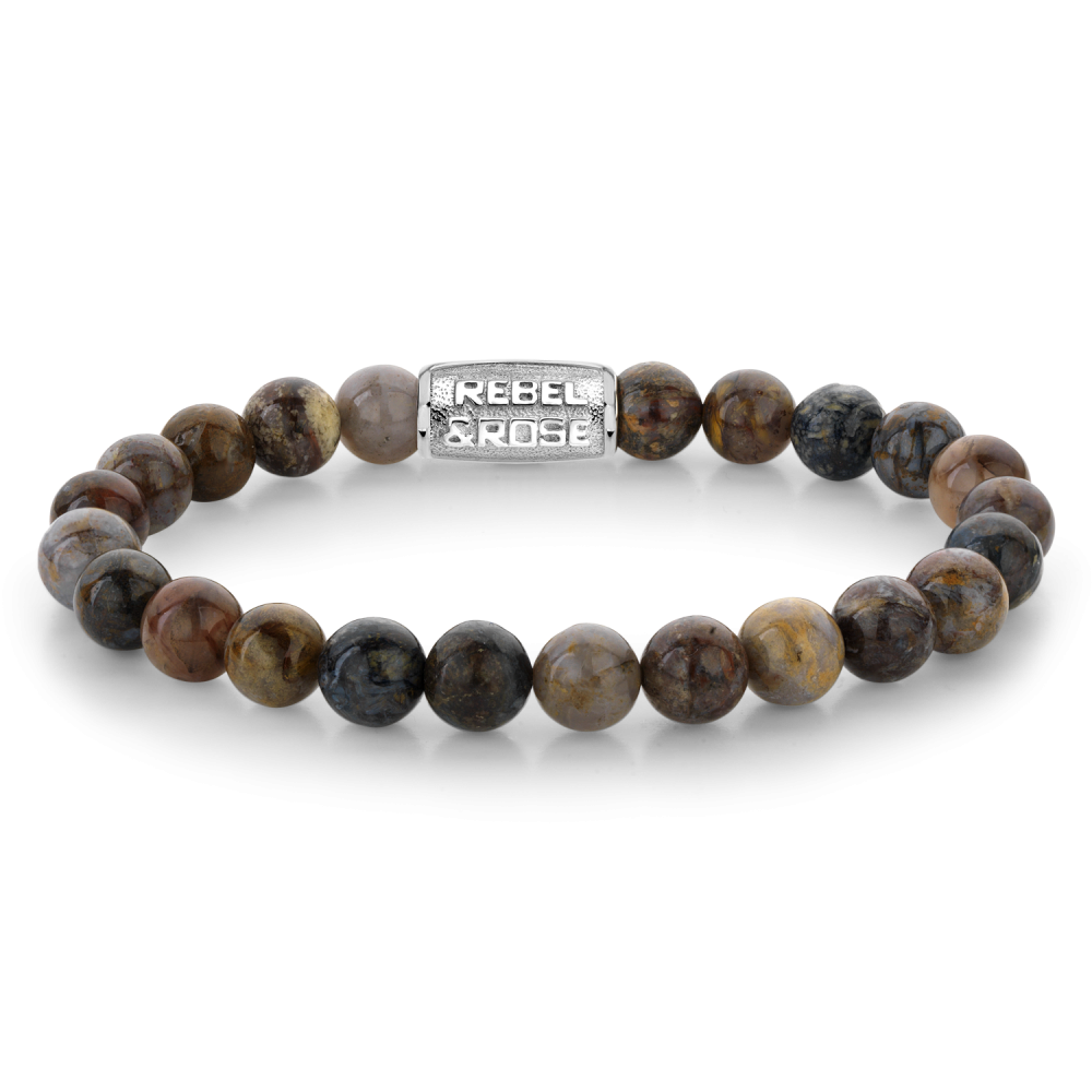 Armband van het merk Rebel & Rose. De armband heeft een hoogwaardige elastische stretch koord, met 8mm kralen van Pietersite.