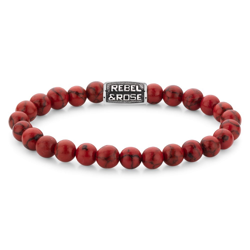 Natuurstenen armband van het merk Rebel & Rose. De armband heeft een hoogwaardige elastische stretch koord, 8mm rode Turkoois natuurstenen en RVS slotje