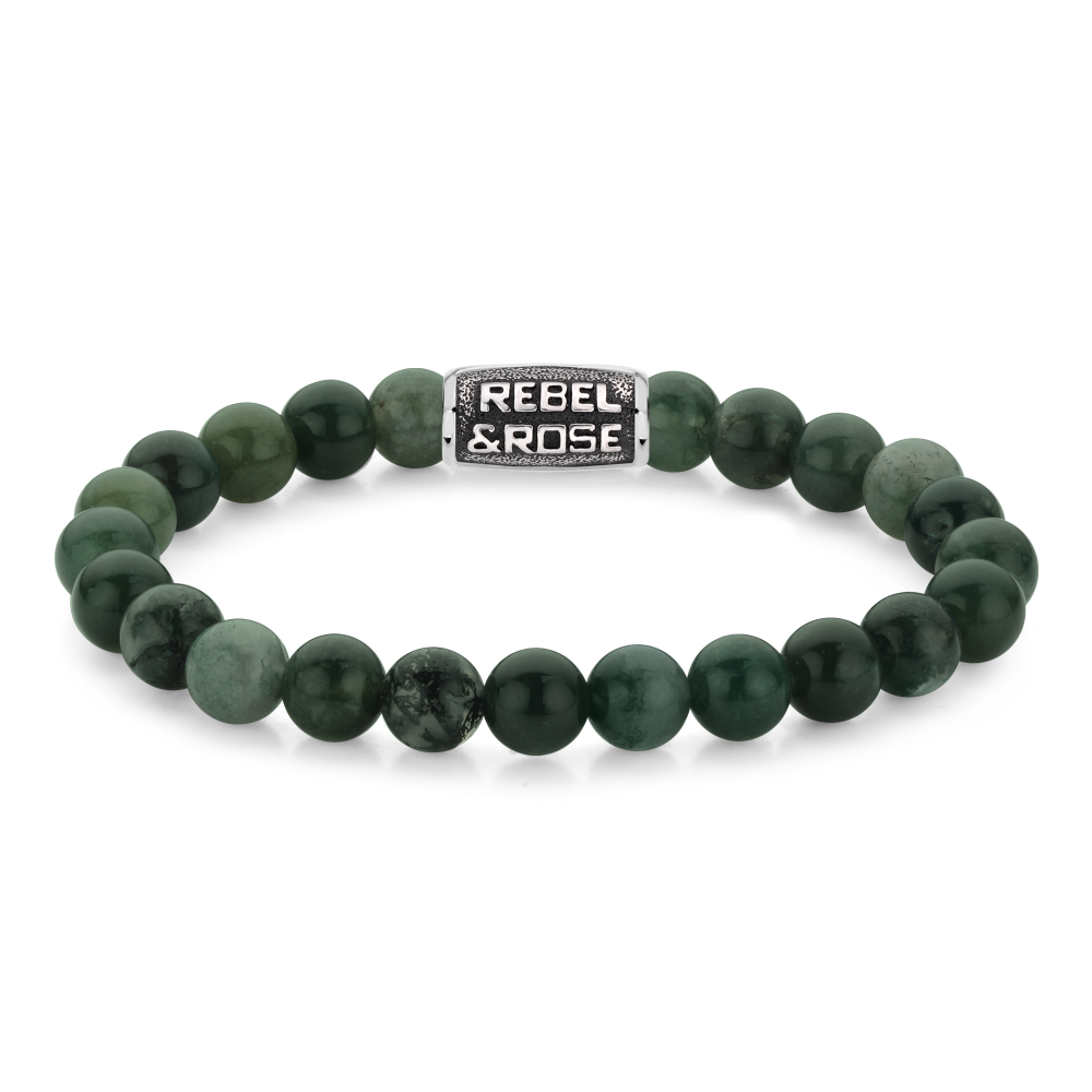 Natuurstenen armband van het merk Rebel & Rose. De armband heeft een hoogwaardige elastische stretch koord, 8mm mosgroene Agaat natuurstenen en RVS slotje