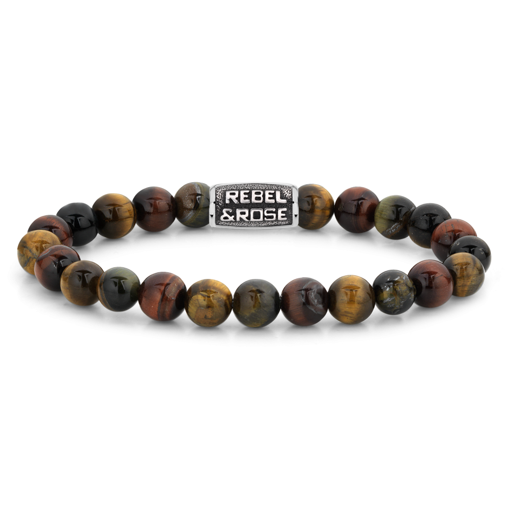 Natuurstenen armband van het merk Rebel & Rose. De armband heeft een hoogwaardige elastische stretch koord, rood-geel-blauwe 8mm Tijgeroog natuurstenen beads en RVS slotje