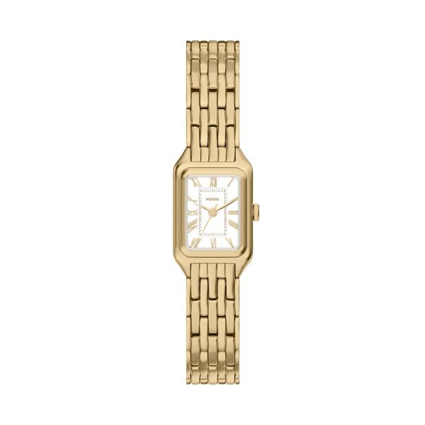 Fossil dames pols horloge staal met stalen band goudkleurig uit de Raquel collectie. 5 ATM waterdicht.