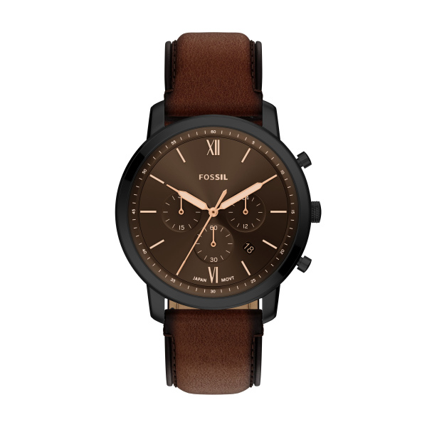 Fossil heren pols horloge staal met lederen band uit de Neutra collectie. 5 ATM waterdicht.