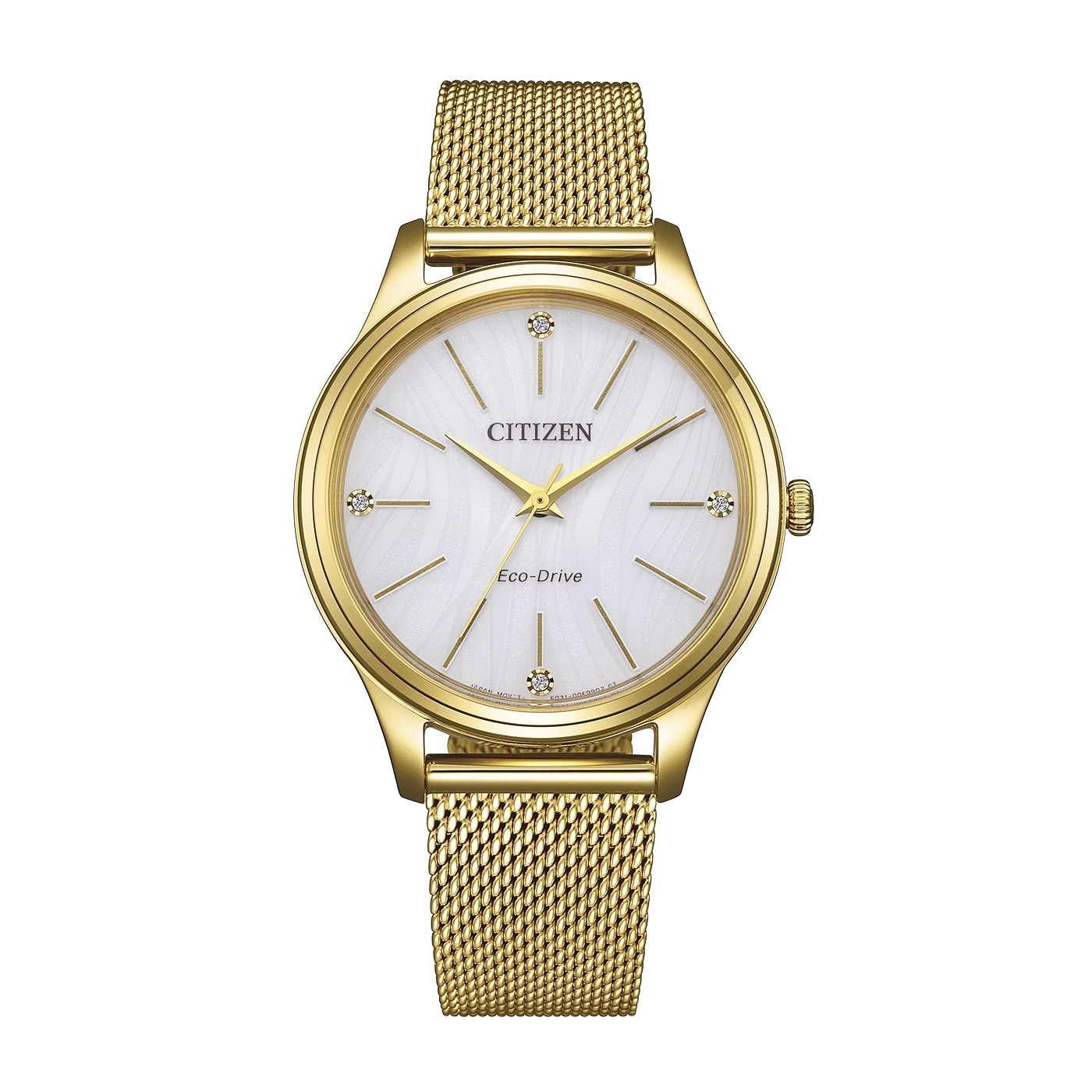 De Citizen Eco‑Drive classic ivoorkleurige wijzerplaat horloge is een elegant dameshorloge uit de Elegance‑collectie van Citizen met een roestvrijstalen kast van ca. 34 mm en een bijpassende goudkleurige Milanese (mesh) band. Het horloge draait op Eco‑Drive‑technologie en wordt opgeladen door licht &mdash; je hoeft dus nooit een batterij te vervangen. De witte wijzerplaat heeft een analoge tijdsaanduiding en een datumvenster, en het mineraalglas beschermt de wijzerplaat tegen krassen. Het model heeft een waterdichtheid van 5 bar / 50 m, wat het geschikt maakt voor dagelijks gebruik en bescherming tegen spatwater of lichte regen